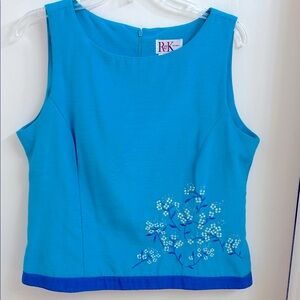 Turquoise Blue and Cream Embroidered Sleeveless Top, size 12